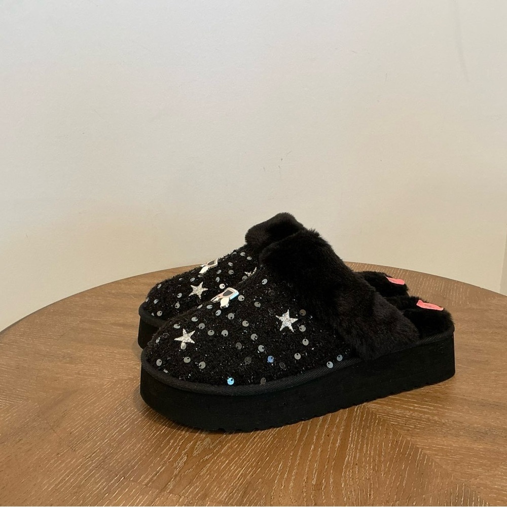Karl Lagerfeld Hessa Tweed Gold Faux Fur Trim Platform Slides - Picture 2 of 3